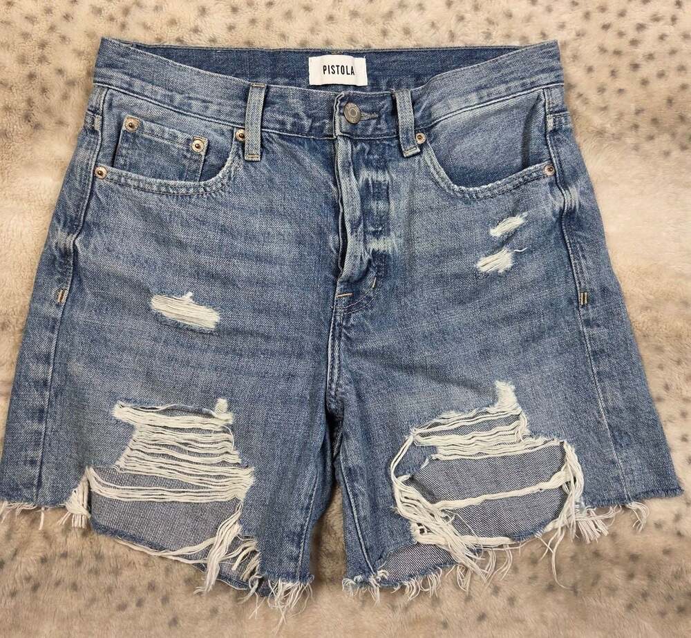 Pistola Keaton Denim Shorts 25 Lua Blue High Rise Distressed Cutoff Raw Hem